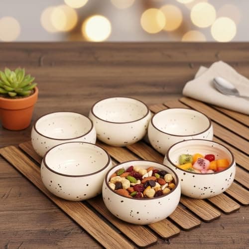 Freakway Hand-Painted Matte Finish Ceramic Bowl Set of 6 (150ml) | Small Serving Soup Bowls, Cereal Bowl, Dessert/Chutney Bowl (3 inch) | Dishwasher & Microwave Safe - Off White