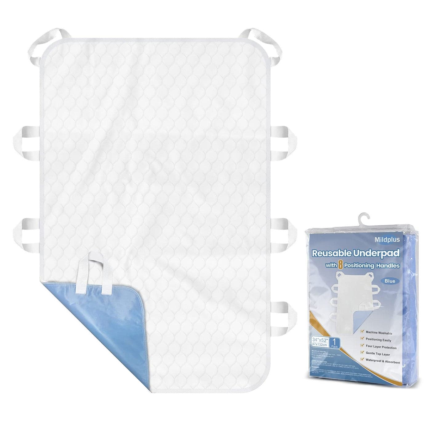 MILDPLUS Washable Bed Pads with 8 Sturdy Handles 3452 Extra Large Reusable Underpads 4Layers Leakproof Chucks Pads Washable for Incontinence 1 Pack Blue