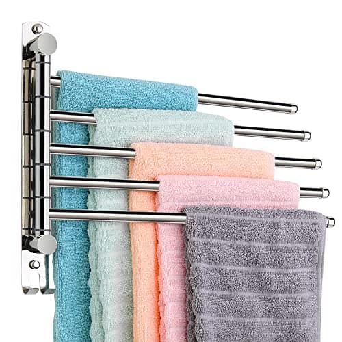 SCDGRW 5 Arm Swivel Towel Bar - Heavy Duty SUS304 Stainless Steel Swing Towel Rack for Bathroom, 180° Rotation Wall Mount Towel Holder with Hook, Space-Saving Organizer for Kitchen, Laundry Room