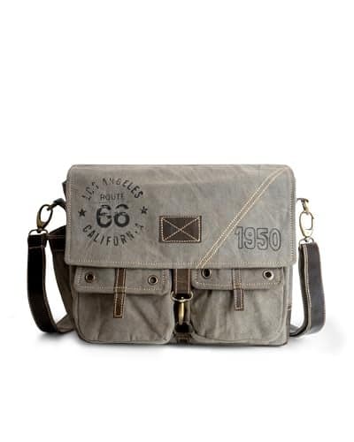 3Blifestyle Route 66 Upcycled Military Canvas Leather Messenger Bag Vintage Laptop Shoulder Bag Crossbody Purse Multi Pockets Military Fade Grey