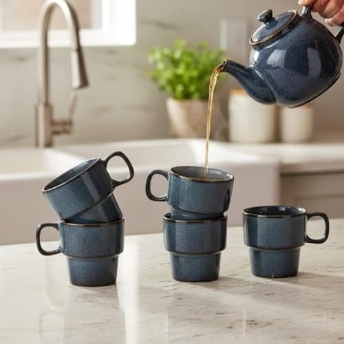 Beyond Homes Porcelain Tea Cups, 220 ml, Set of 6, Metallic Blue | Glossy Finish | Stackable Ceramic Tea Cup Set | Tea/Coffee Mugs for Daily Use & Gifting | Microwave & Dishwasher Safe (6, Blue)