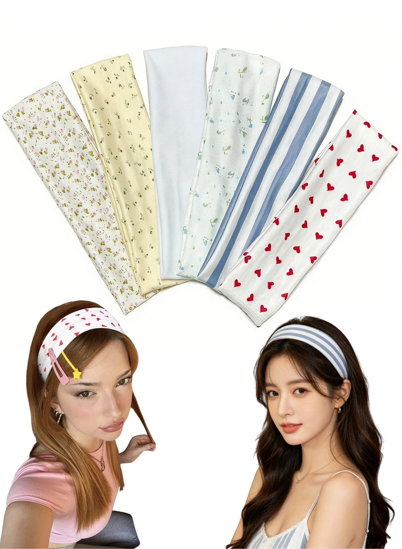 6 PCS Fashion Women's Headbands for Short Hair Non Slip Elastic Floral Hairbands, Soft Fabric Thick Stripe Head Bands for Girls, Valentine's Day Heart Headbands