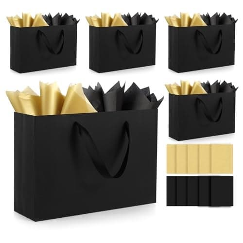 Epoesch 5 Pack Black Medium Gift Bags with Handles and Tissue Paper 126x87x4 Inch Paper Bags Bulk for Men Women Birthdays Party Shopping Weddings Valentines Day Easter Anniversaries Black medium5Pcs