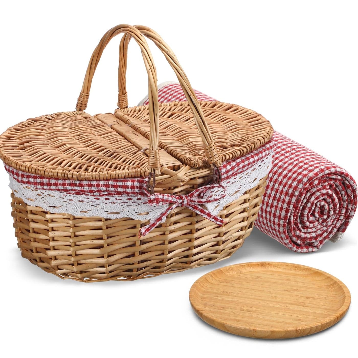 Gandeer Picnic Basket with Blankets and Bamboo Plates Picnic Supplies Set Basket with Lid and Handle Wicker Picnic Basket Sturdy Woven Body with Washable Lining for CampingRed