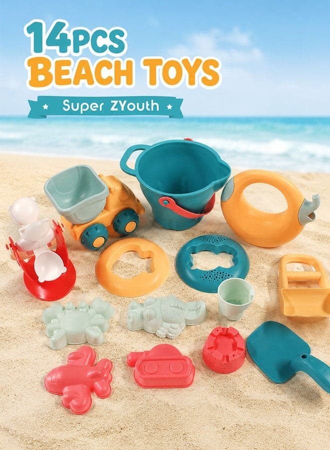 14PCS Beach Toys Set for Kids, Sand Toys with Bucket, Dump Truck, Water Wheel, Elephant Watering Can, Sand Molds, Shovel & Scoop, Beach Sand Play Set for Boys & Girls