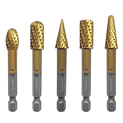 NordWolf 5-Piece Rotary Burr Carving Rasp Files Set, with 1/4" Hex Shank for Metal, Soft Metal, Wood & Plastic Deburring, Shaping, Grooving, Polishing and Grinding