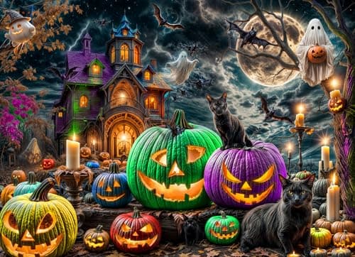 Halloween Puzzle 1000 Pieces for Adults Gothic Puzzle with Haunted Houses Ghosts Pumpkins Black Cats Halloween Jigsaw Puzzles Spooky Night