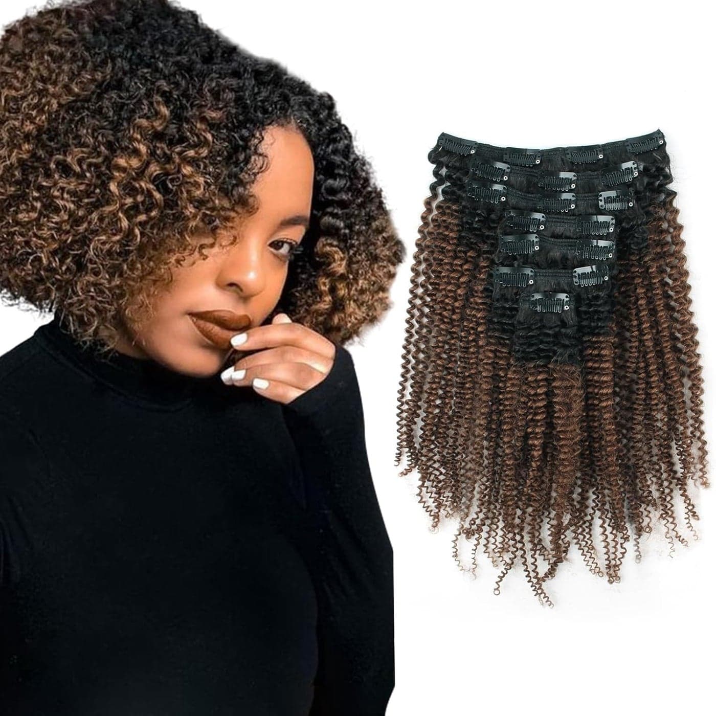 ABH AMAZINGBEAUTY HAIR Afro Kinky Curly Clip in Hair Extensions Two Tone Ombre Brown T4 Afro Curly Clip in Hair Extensions Human Hair Thick Clip Ins For Black Women 18 Inch Double Weft 120G 7Pcs