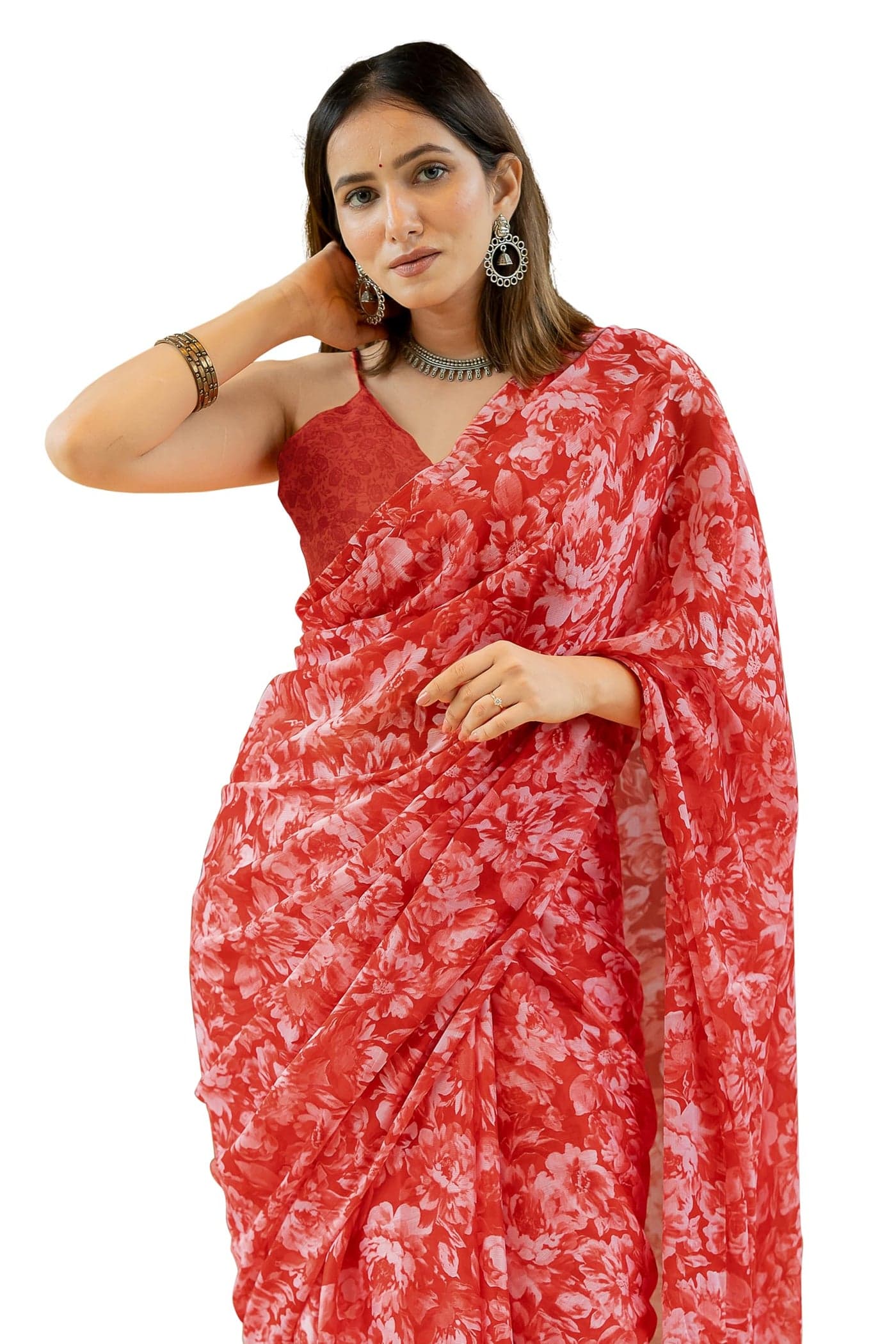 MIRCHI FASHION Chiffon Georgette Floral Printed Sarees for Women with Blouse Piece (42422-Coral Red, Off White)