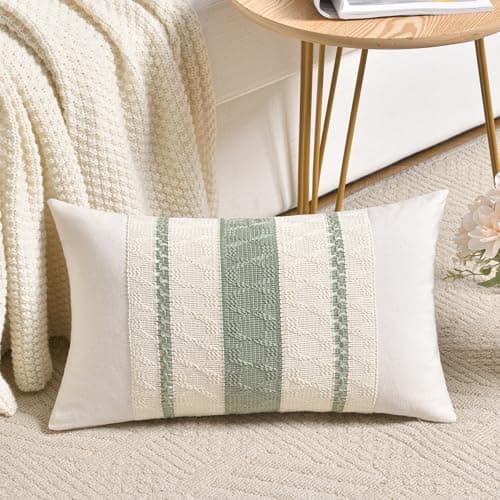 Fancy Homi Set of 1 Sage Green Boho Lumbar Decorative Throw Pillow Covers 12x20 Inch for Living Room Bedroom Couch Bed Chair, Rustic Retro Cushion Case, Bohemian Room Home Decor