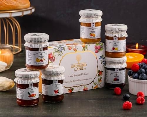 Orchard Lane Premium Jams Gift Pack | Set of 6 Healthy Fruit spreads | Premium preserves filled with Fresh Fruit- for gifting to health conscious families- kids, breakfast, gym goers, only 10 calories per serving- Non Fattening jam | without chemicals, preservatives or artificial sugars- 120 gm x 6