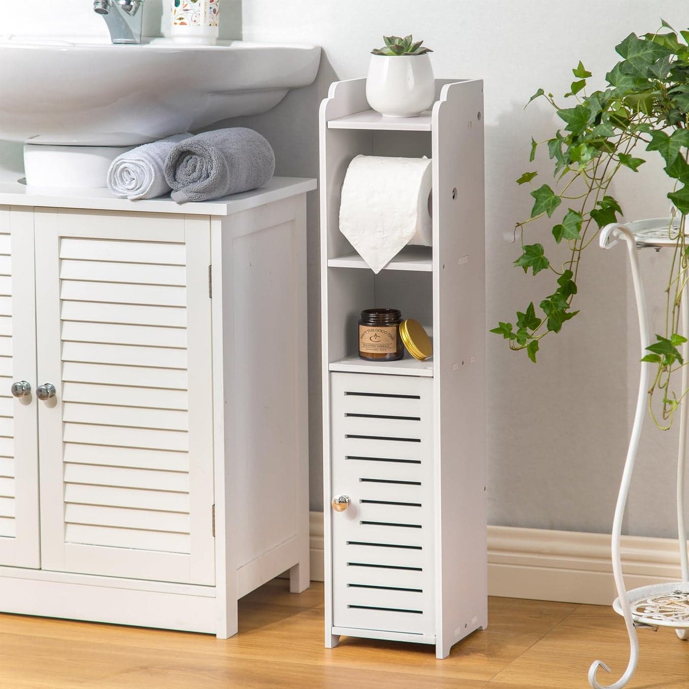 AOJEZOR Toilet Paper Holder Stand Bathroom Storage Cabinet Beside Toilet for Small Space Bathroom with Toilet Roll Holder White