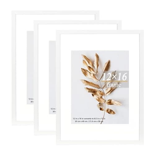 Hogaryo Set of 3 12x16 Picture Frame White can Display 8.5x11 Picture with Mat or 12x16 Without Mat on the Wall