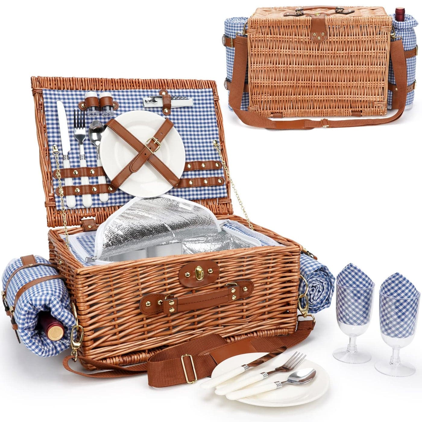 Picnic Baskets for 2 Picnic Basket with Waterproof Blanket Picnic Basket Set with Washable Beach Mat Large Insulated Cooler Compartment Handmade Natural Wicker Hamper for Camping Outdoor Party
