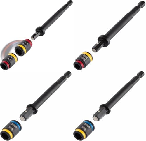 Malco C-RHEX 1/4",5/16",3/8", 6mm, 8mm, 10mm Magnetic Hex Driver, 4" Length, 4 Piece Set, Cleanable, Reversible SAE and Metric Flip Sockets, Impact Hex Chuck Driver (MALCOMBO2)