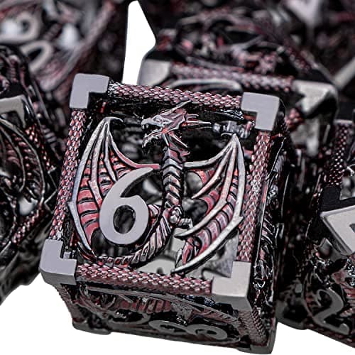 ARUOHHA Hollow DND Metal Dice Set Black Red Dragons D and D Dice RPG Role Playing Games Dungeons Polyhedral Dice with Gift Box D20 D12 D10 D8 D6 D4