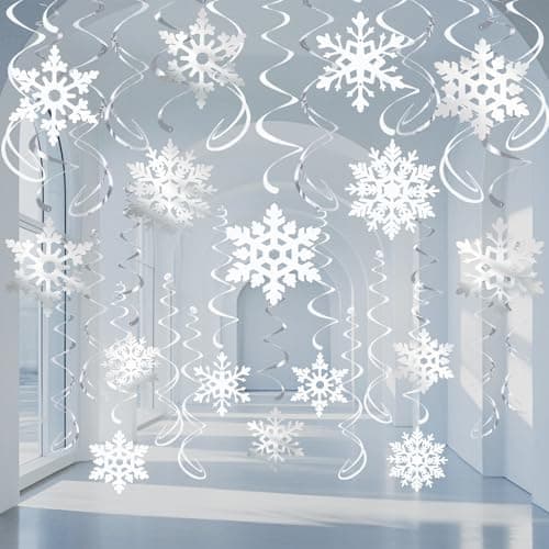 32 Pcs Snowflake Hanging Swirls Party Decoration Christmas Winter Wonderland Ceiling Decor White Silver Snowflake Ornaments Garland for Winter Holiday Party Decorative Frozen Theme Party Supplies