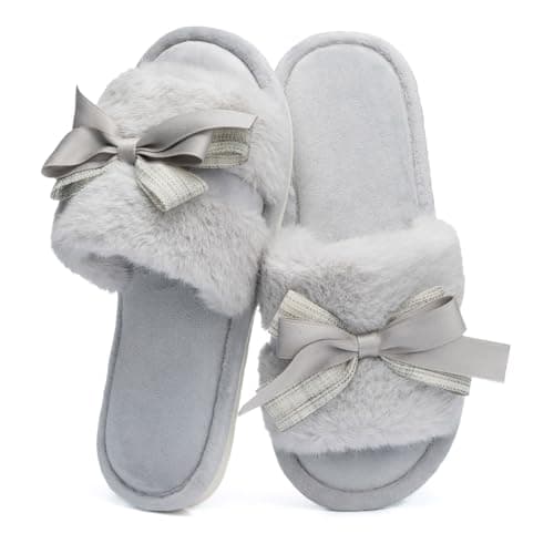GOEWY House Slippers for Women Open Toe Fuzzy Cute Bow Slippers with Memory Foam Fluffy Cozy Mothers Day Gifts for Women Mom Indoor and Outdoor Size 9 10 Grey