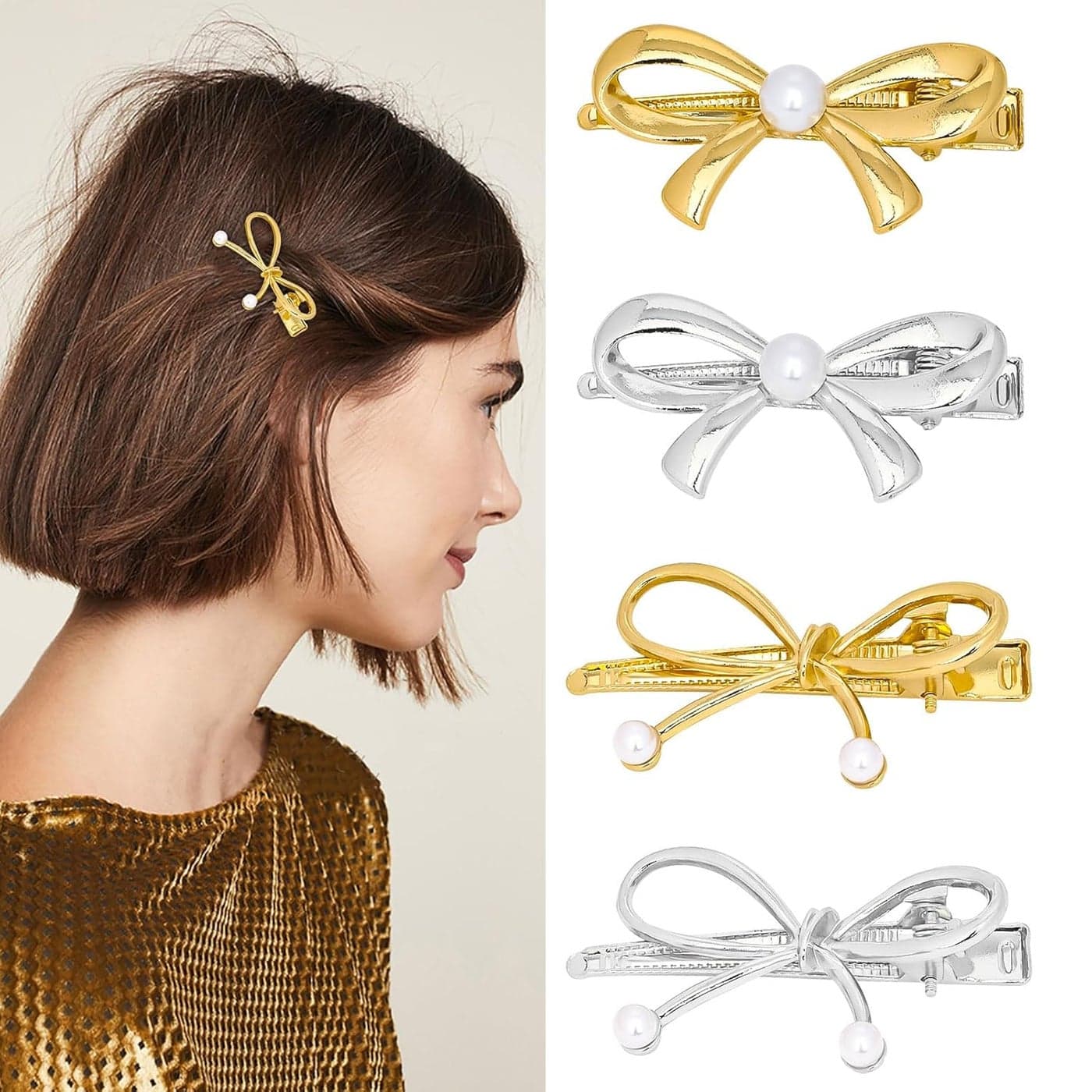 CURASA Metal Pearl Hair Bows For Women Girls 4Pcs Small Sliver Gold Hair Clips Bow Knot Alligator Hair Pins Cute Fashion Hair Accessories For Thick Thin Elegant Hair Barrettes Party Prom Wedding
