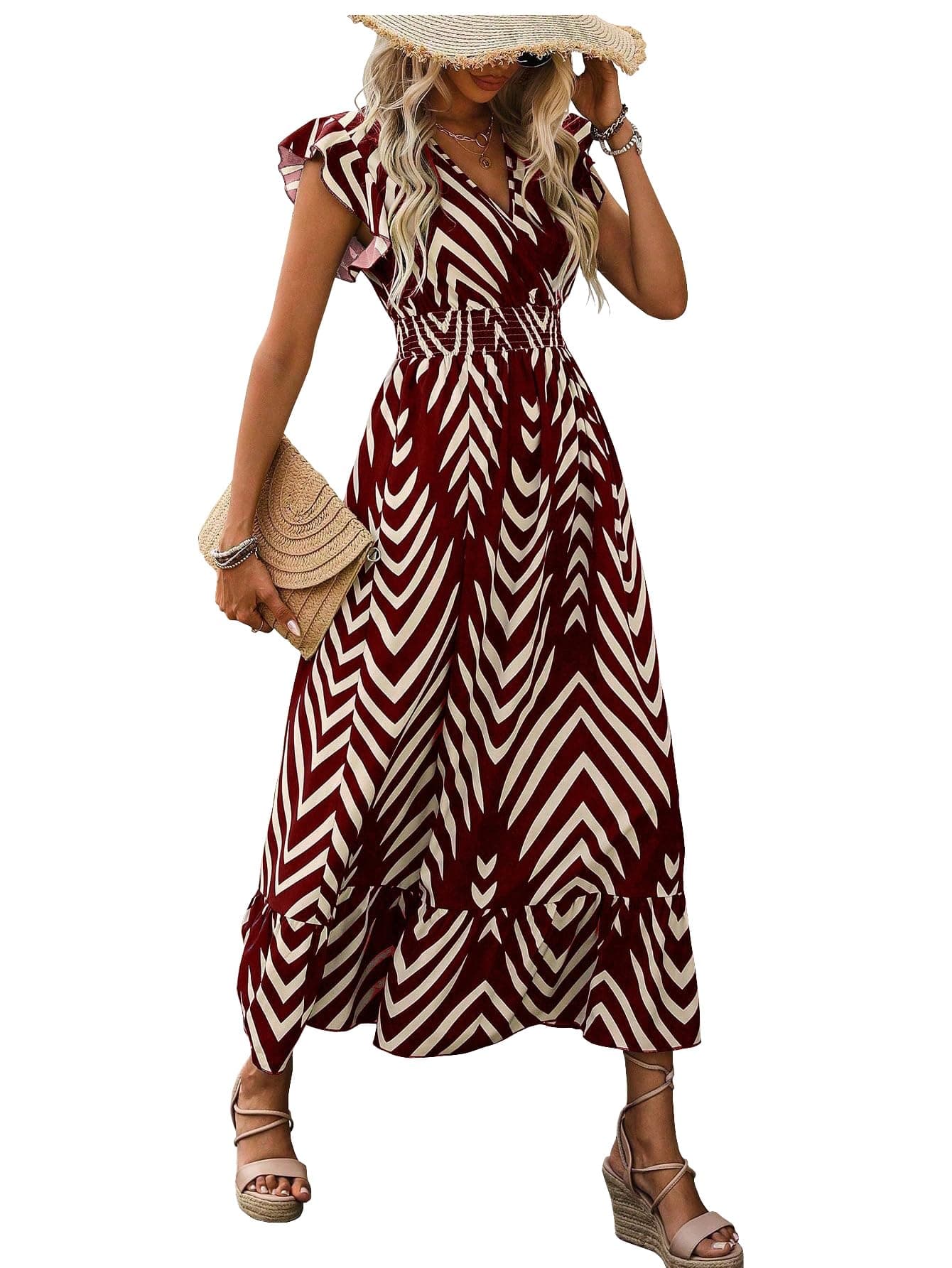 Shasmi Women's & Girl's Maroon V-Neck Striped Printed Dress with Ruffled Hem and Belted Waist for Vacation, One Piece Dress for Women's Casual Dress (Dress 140 Maroon-S)