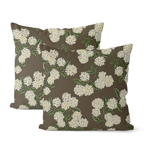 DAFENA Brown Spring Pillow Covers 18x18 Inch 2 Pcs Green Yellow Hydrangea Flower Decor Throw Pillows Vintage Floral Seasonal Summer Outdoor Decoration Pillowcase Linen Cushion Cover for Couch Sofa
