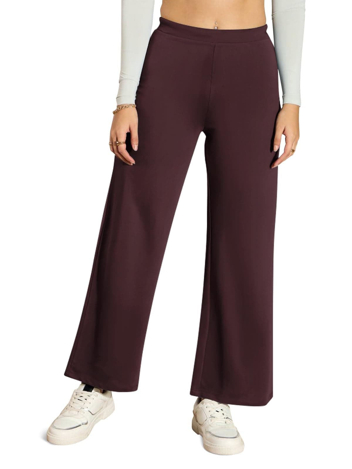 HELLCAT Women Mid Rise Trendy Trousers | Trouser Pants | Koreantrousers | Palazzo | Baggy Fittrousers | Bell Bottomtrousers_Burgundy_Small