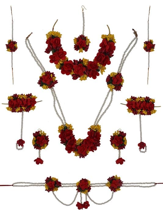 Anuradha Art Red and Yellow Colour Flower Jewellery Set for Haldi Gota Patti Necklace Earrings, Bracelet & Maang Tika for Women & Girls (Mehandi/Haldi/Wedding/Bridal/Baby Shower)