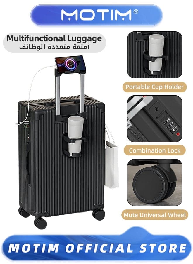 Travel Luggage Carry-On Luggage with Spinner Wheels Aluminum Framed Carry On Suitcase with USB and Type-C Port & Cup Holder & Phone Holder & Side Hidden Hook Large Checked-in Luggage