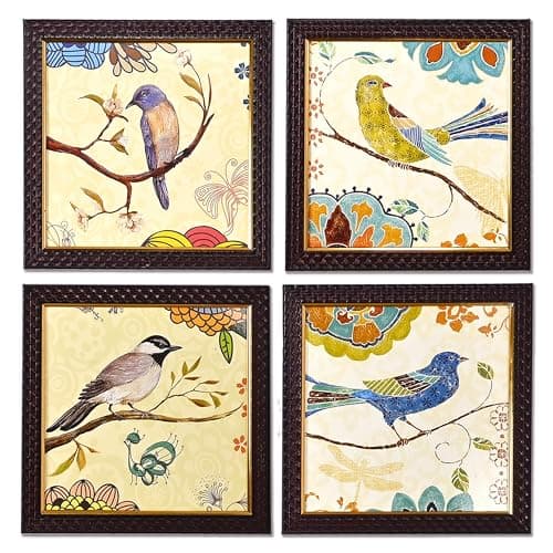 Rousrie Floral & Birds Theme Wall Art, Set of 4 Black Frame Prints, 9 x 9 Inches, Textured Posters for Living Room