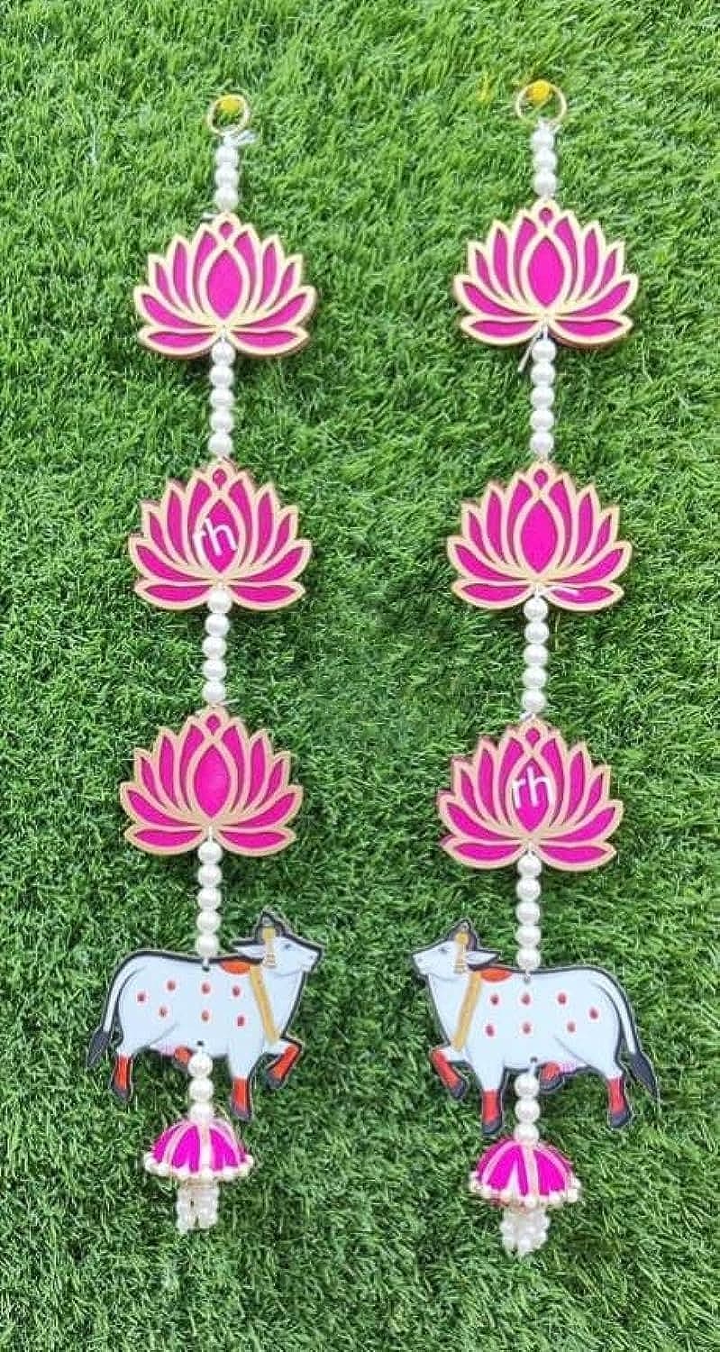 Sanvatsar Wood Home Decorative Lotus Wall Hanger with Cow Cutouts | Diwali Decoration, Home Decoration (Pink)