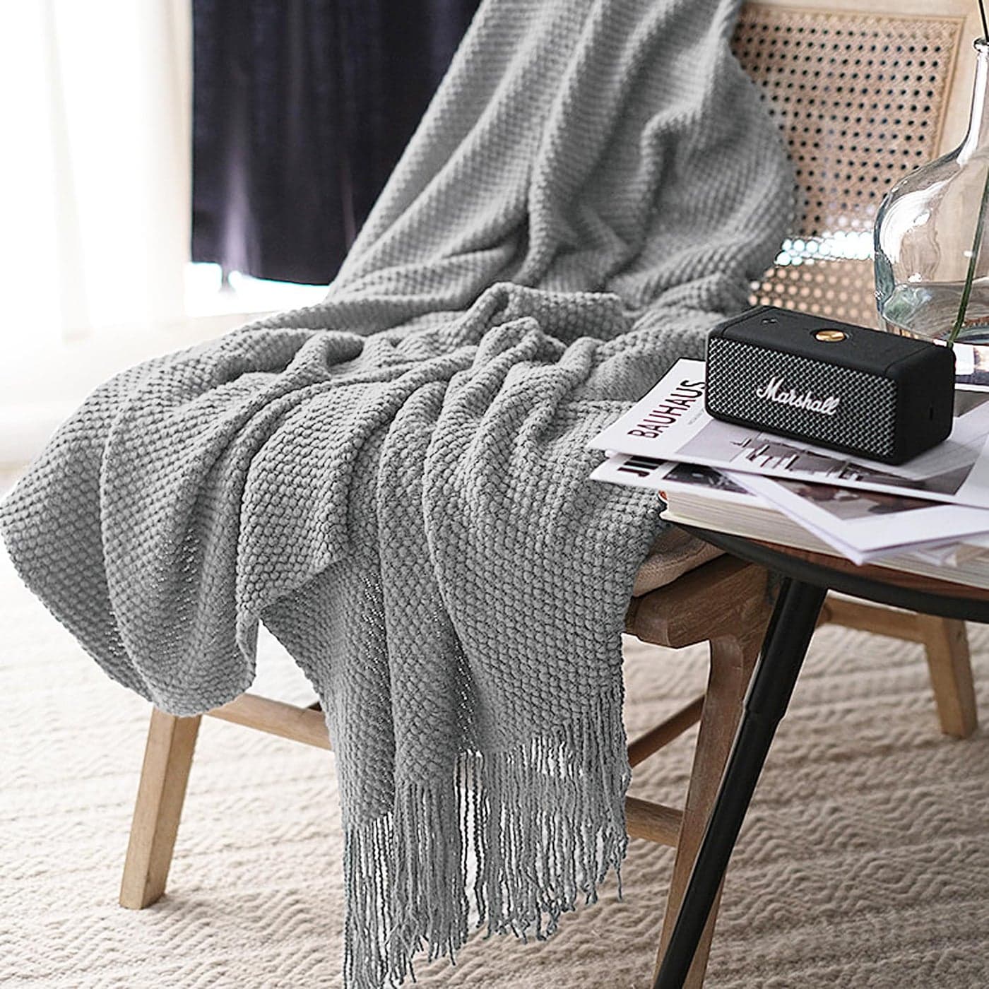 LOMAO Knitted Throw Blanket with Tassels Bubble Textured Soft Lightweight Throws for Couch Cover Home Decor Light Grey 50x60
