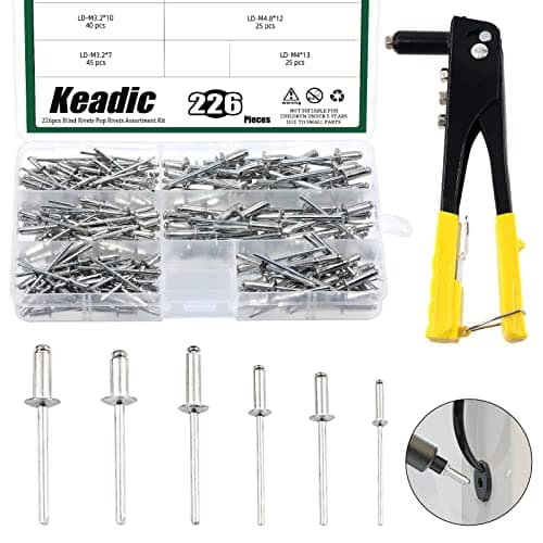 Keadic 226Pcs Heavy Duty Manual Riveter with 6 Sizes Aluminum Blind Rivets Assortment Kit M24 M32 M4 M48 Silver Tone Pop Rivets and Hand Rivet Gun Tool for Furniture Automotive Metal Work