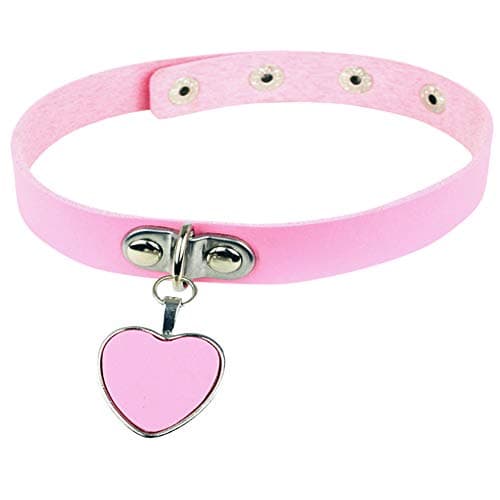 AKOAK Fashion Cool Rock Style Steampunk Punk Goth Heart-Shape Pendant Link PU Leather Collar Choker Necklace(Pink)