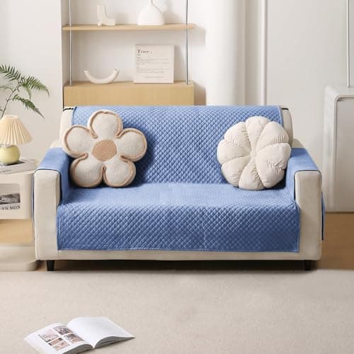 HOKIPO Quilted Velvet Sofa Cover with Pockets for 1 Seater, Placid Blue (NEW-764)