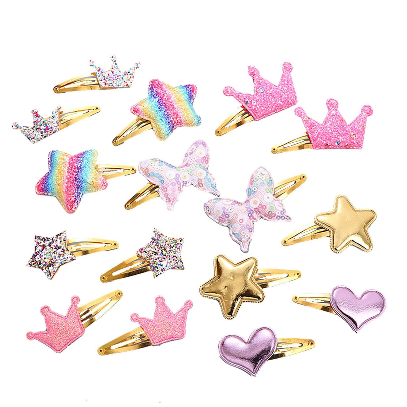 8 Pairs Shiny Hair Clips Metal Snap Barrettes for Girls Star Heart Crown Butterfly Shaped Hair Accessories C