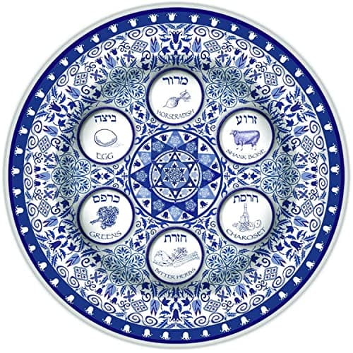 Aviv Judaica Passover Renaissance Seder Plate 13" Porcelain Round Seder Tray with Ornate Floral Pattern Extra Large Pessah Kaarah Artistic Seder Dish by Jessica Sporn Pesach Table Decorations