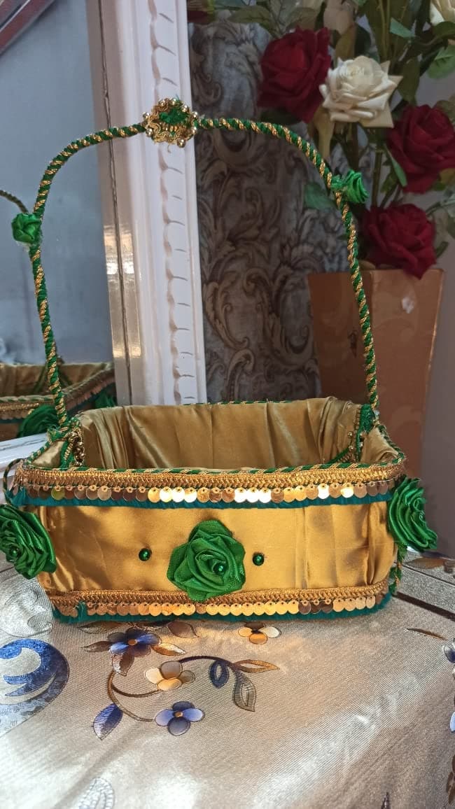 Creative India Beautiful Handcrafted Gift Basket Hamper Empty Green Golden_33x24_CMI22