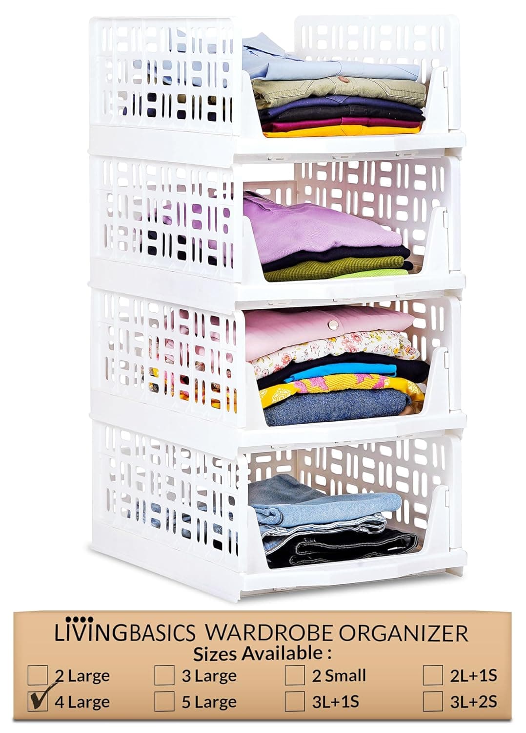 LIVINGBASICS Wardrobe Organizer for ClothesClothes Organiser for WardrobeFoldable Wardrobe OrganizerCloset Organizer for WardrobeStackable Dress Organiser for Cupboard 4 Large Plastic