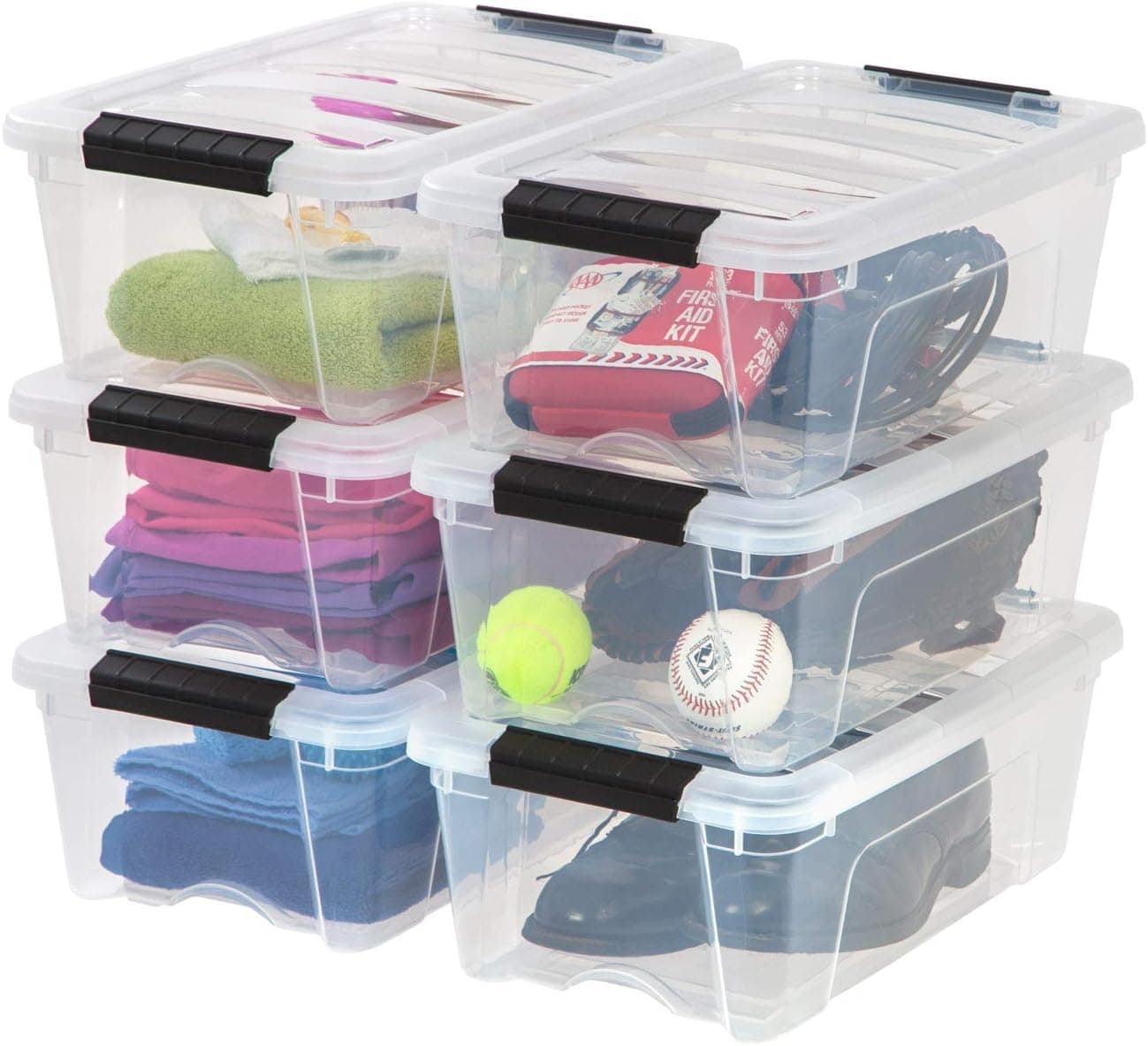 IRIS USA 13 Qt Stackable Plastic Storage Bins with Lids 6 Pack BPAFree Made in USA SeeThrough Organizing Solution Latches Durable Nestable Containers Secure Pull Handle Clear