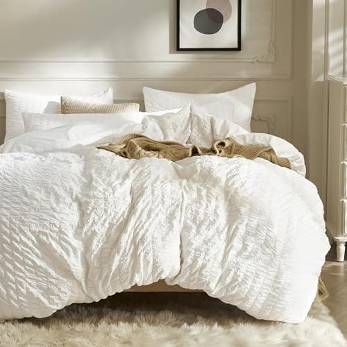 JELLYMONI White Duvet Cover Queen Size 3pcs Washed Microfiber Bedding Set Soft Breathable Seersucker Duvet Cover Set with Zipper Closure and Corner Ties for All Seasons