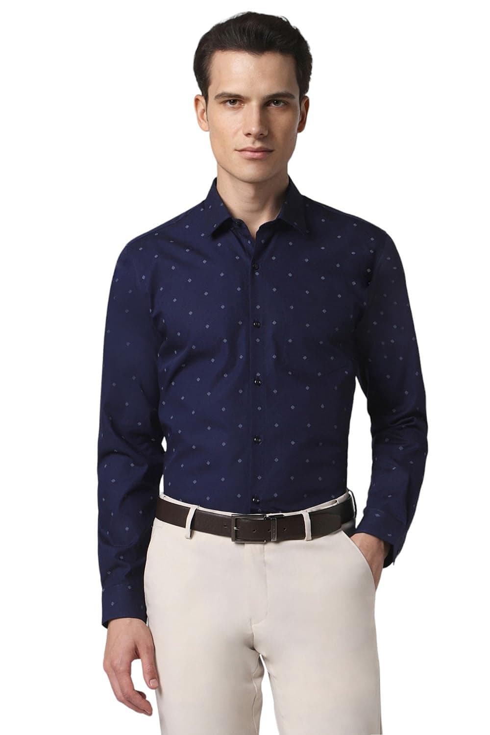 Peter England Men's Cotton Slim Fit Small Ditsy Printed Full Sleeve Shirt Navy