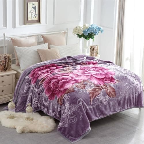 JYK Queen Size Korean Mink Blanket, 5 LB Fleece Bed Blanket - 2 Ply Reversible 520GSM Silky Soft Plush Warm Blanket for Autumn Winter, A&B Pattern Printed, (Queen 75"x87", Light Purple Peony/Peony)