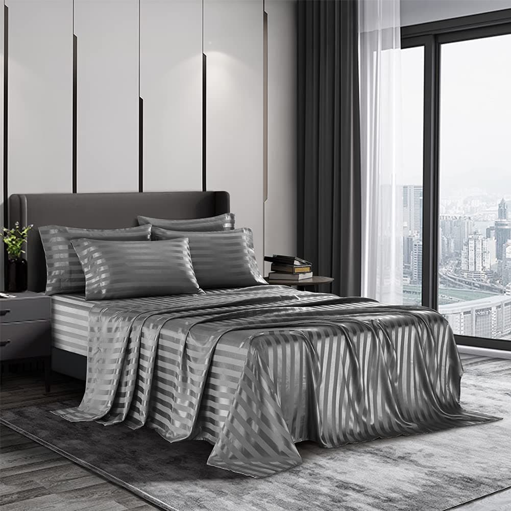 AiMay 6 Piece Satin Italian Style Bed Sheet Set Deep Pocket Stripes 1800 Luxury Rich Silk 1 Flat Sheet 1 Fitted Sheet 4 Envelope Pillowcases StainResistant Wrinkle Free QueenGrey