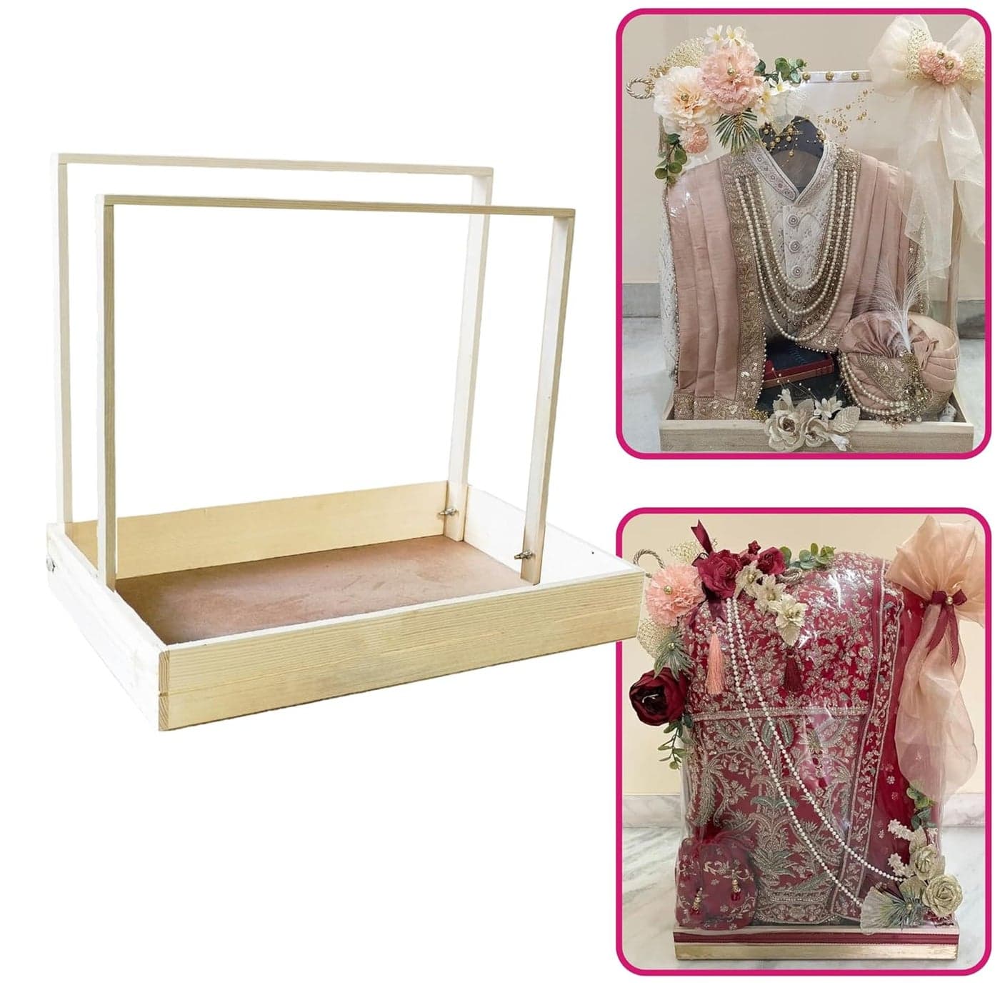 SIRI DECORE Trousseau Packing Chhab Mens Suit Packing Ladies Cloth Packing Wooden Basket Hamper For Gift DecorationPine Wood Basket12X18X25 Inch Wooden Tray And Frame V2 Square