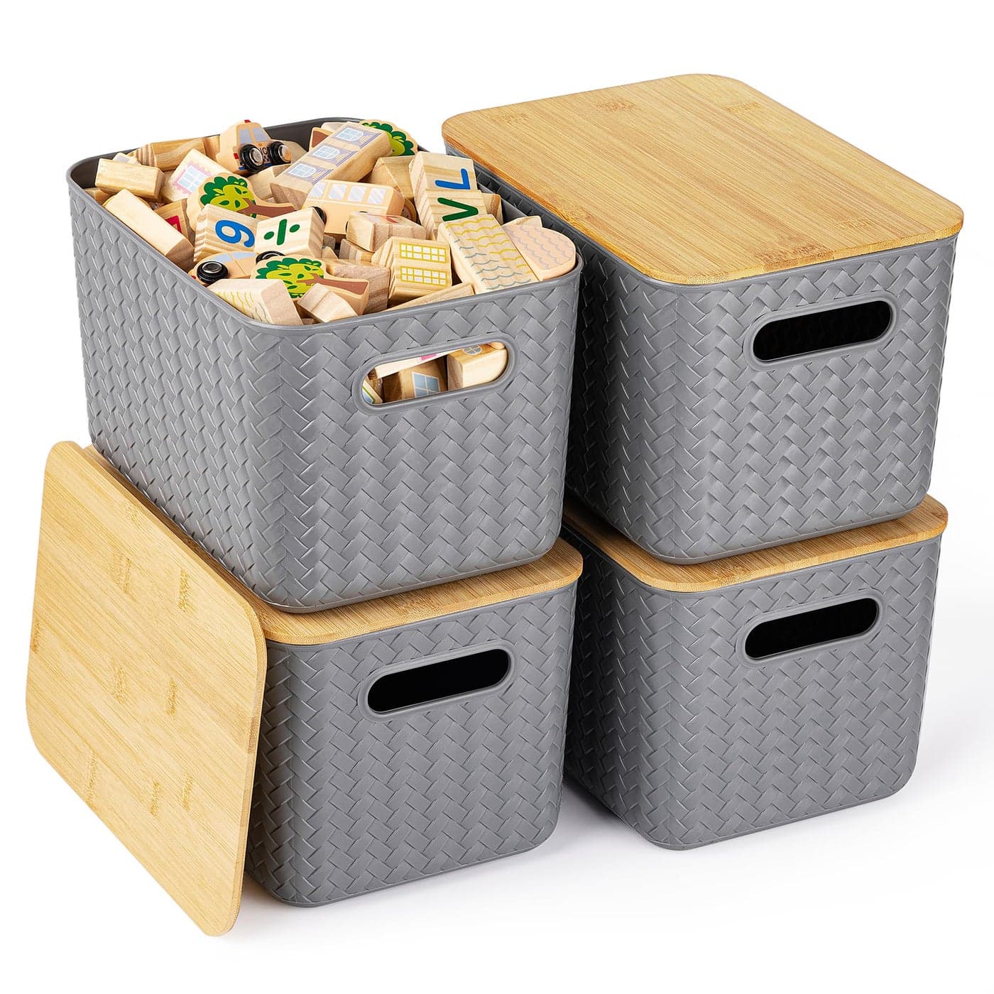 Ohmlove 4 Packs Storage Bins with Bamboo Lids Plastic Storage Containers with Lids Stackable Storage BoxStorage Baskets for Organizing Desktop Closet Playroom Classroom OfficeGray