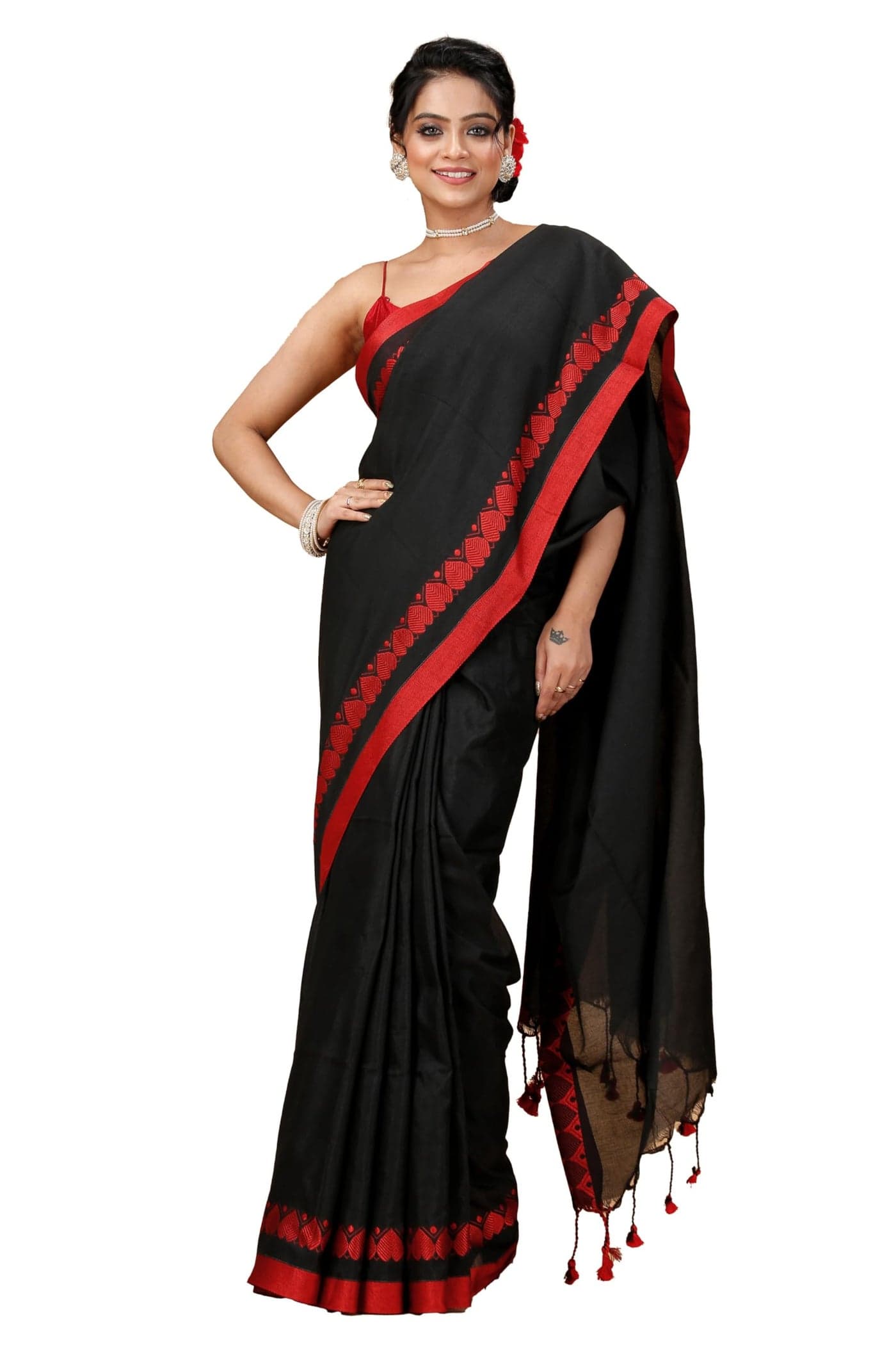 OISHANI SAREE GHOR Women's Traditional Authentic Bengal Handloom Soft Cotton Saree - Beautiful Love Border Design With Running blouse Piece (Black)
