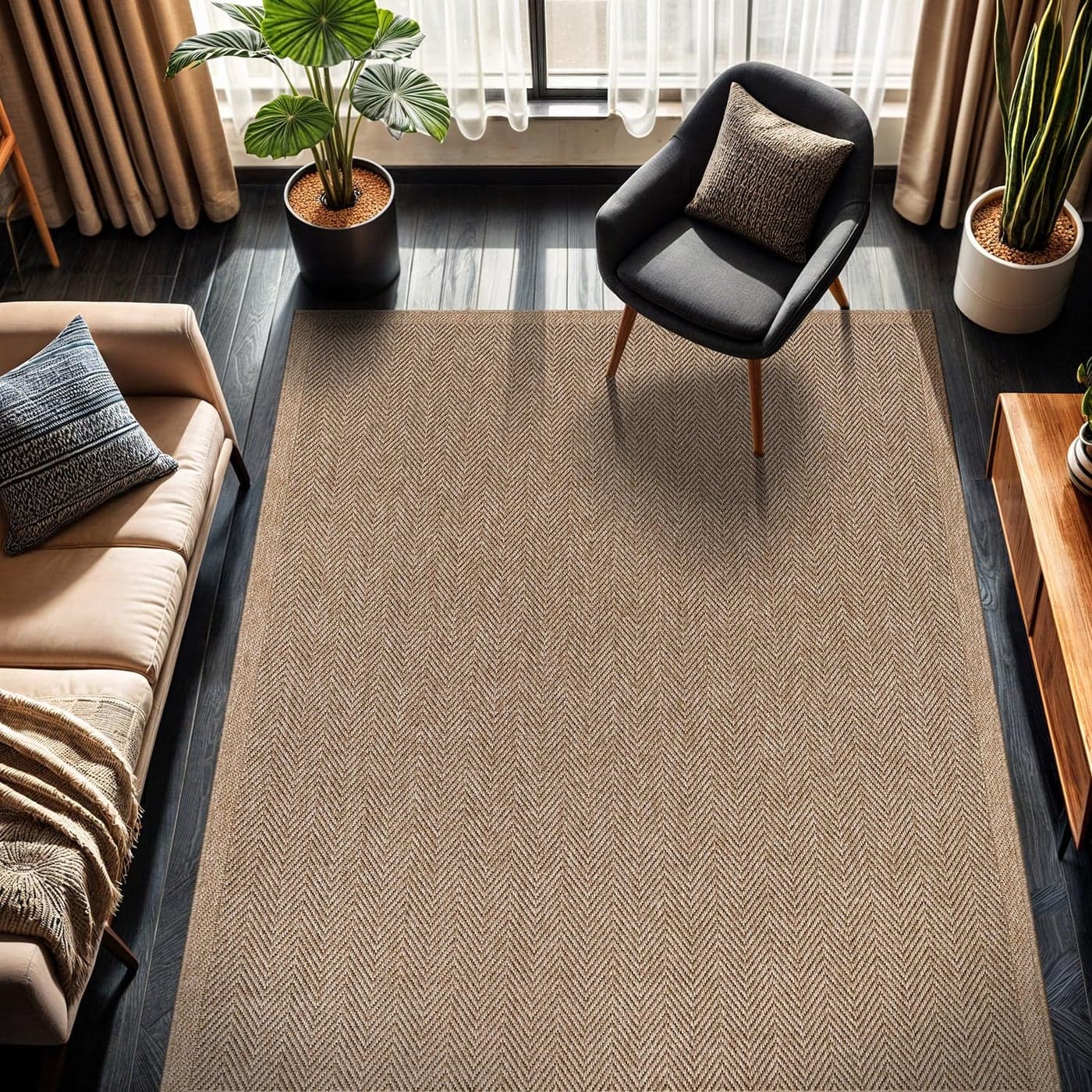 CAMILSON Easy Jute Rug 6x9 Indoor Outdoor Natural Color Fiber Area Rugs for Living Room Patio and Bedroom Rug Herringbone Seagrass Woven Design EasyCleaning Washable Outside Carpet Alfombras 6 x 9