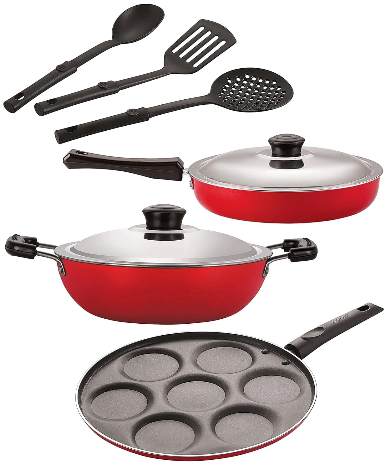 Nirlon Aluminium Nonstick Coated 6 Pcs Set of Deep Kadhai-26cm,Fry Pan-24cm,Uttapam-7 Cavity & 3 Spoon (2.6mm_DKD(J)_FP12_UP7_3SPN)