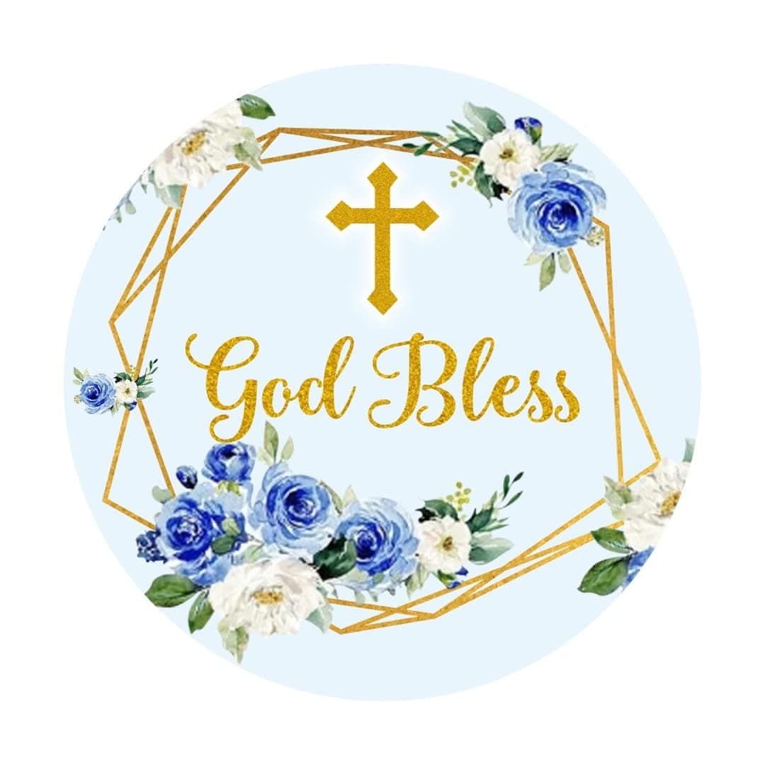 UPLEY Blue and Gold Elegant Floral Cross Stickers God Bless Sticker Labels for Religious Baptism Confirmation Christening First Communion 2 Inch 50 Count