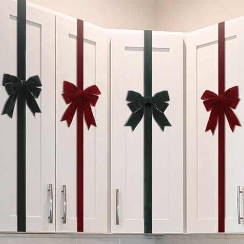 Knitgrip Set of 4 Christmas Velvet Cabinet Ribbon Bows 78 Inch Festive Large Xmas Bow Artificial Front Door Holiday Ribbons for Party Furniture Room Kitchen DecorationsRedGreen